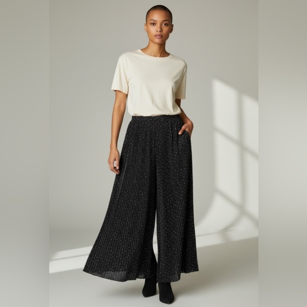 Wide Leg Pleated Black Pants with Subtle Dots